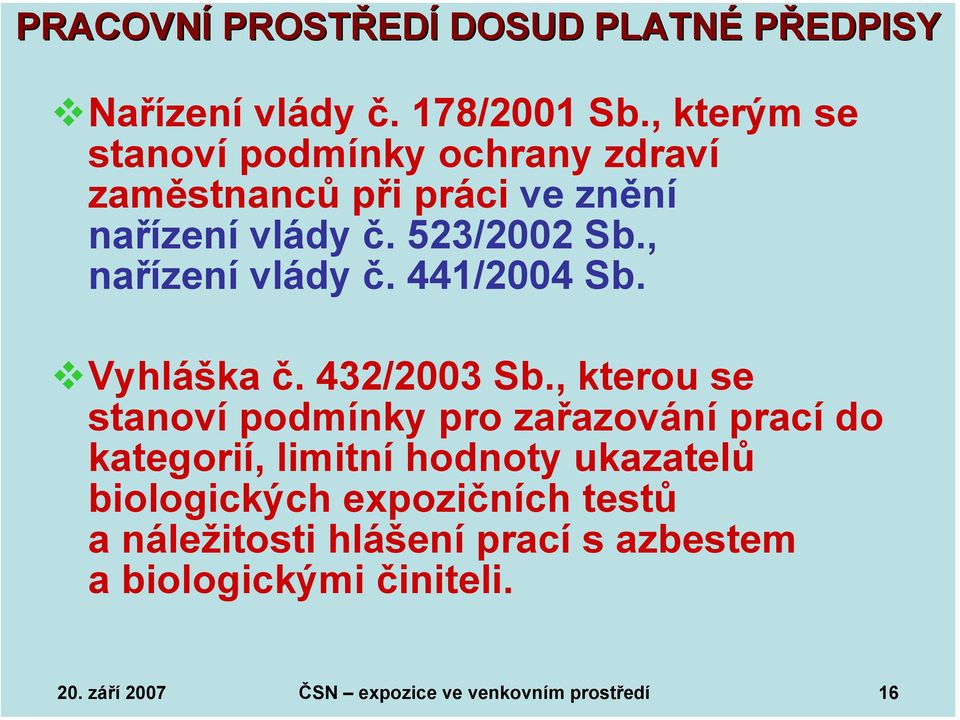 , nařízení vlády č. 441/2004 Sb. Vyhláška č. 432/2003 Sb.