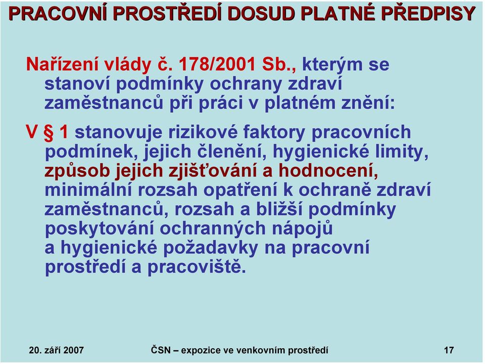 podmínek, jejich členění, hygienické limity, způsob jejich zjišťování a hodnocení, minimální rozsah opatření k ochraně zdraví