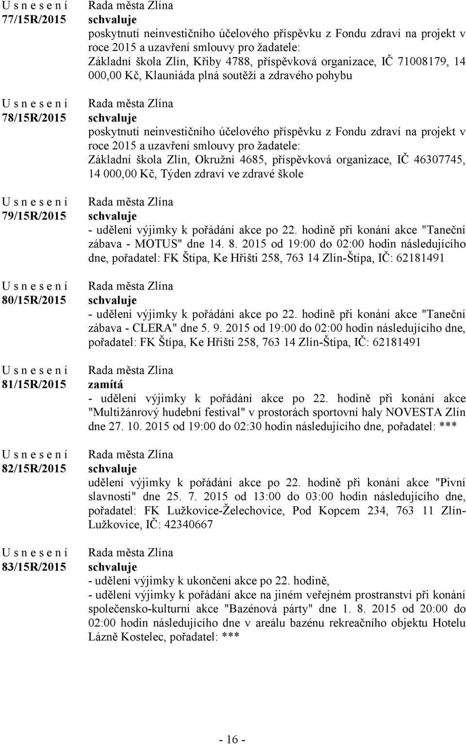 projekt v roce 2015 a uzavření smlouvy pro žadatele: Základní škola Zlín, Okružní 4685, příspěvková organizace, IČ 46307745, 14 000,00 Kč, Týden zdraví ve zdravé škole - udělení výjimky k pořádání