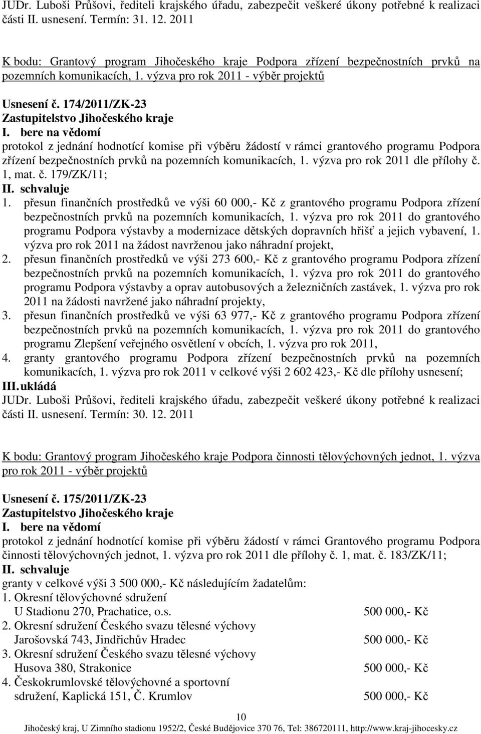 174/2011/ZK-23 protokol z jednání hodnotící komise při výběru žádostí v rámci grantového programu Podpora zřízení bezpečnostních prvků na pozemních komunikacích, 1. výzva pro rok 2011 dle přílohy č.