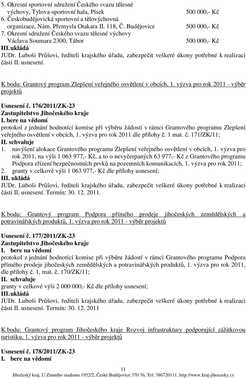 Luboši Průšovi, řediteli krajského úřadu, zabezpečit veškeré úkony potřebné k realizaci části II. usnesení. K bodu: Grantový program Zlepšení veřejného osvětlení v obcích, 1.