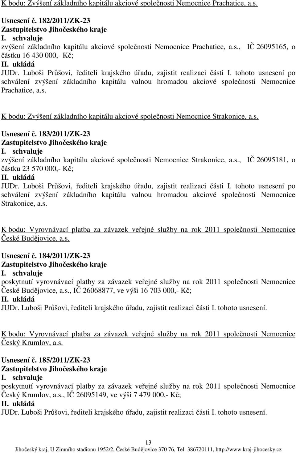 s. Usnesení č. 183/2011/ZK-23 zvýšení základního kapitálu akciové společnosti Nemocnice Strakonice, a.s., IČ 26095181, o částku 23 570 000,- Kč; JUDr.