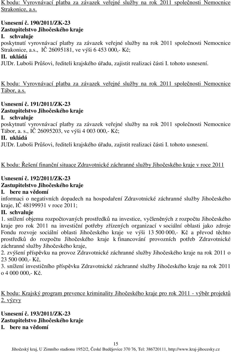 Luboši Průšovi, řediteli krajského úřadu, zajistit realizaci části I. tohoto usnesení. K bodu: Vyrovnávací platba za závazek veřejné služby na rok 2011 společnosti Nemocnice Tábor, a.s. Usnesení č.