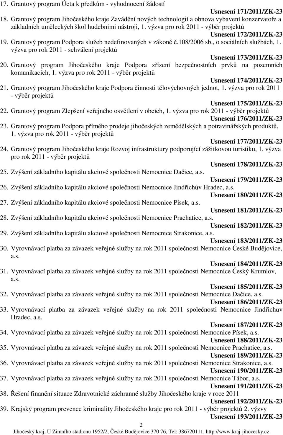 výzva pro rok 2011 - výběr projektů Usnesení 172/2011/ZK-23 19. Grantový program Podpora služeb nedefinovaných v zákoně č.108/2006 sb., o sociálních službách, 1.