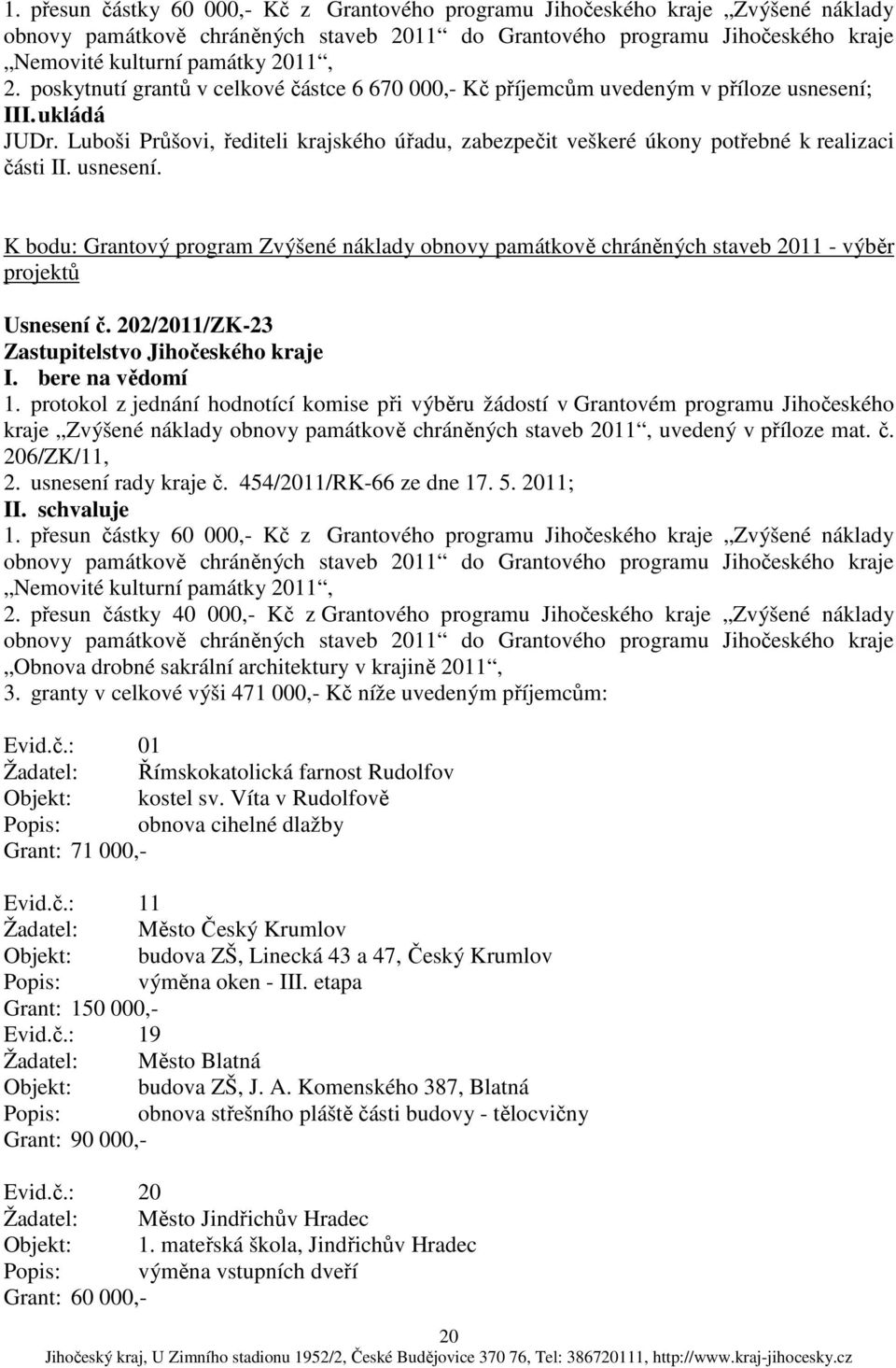 usnesení. K bodu: Grantový program Zvýšené náklady obnovy památkově chráněných staveb 2011 - výběr projektů Usnesení č. 202/2011/ZK-23 1.