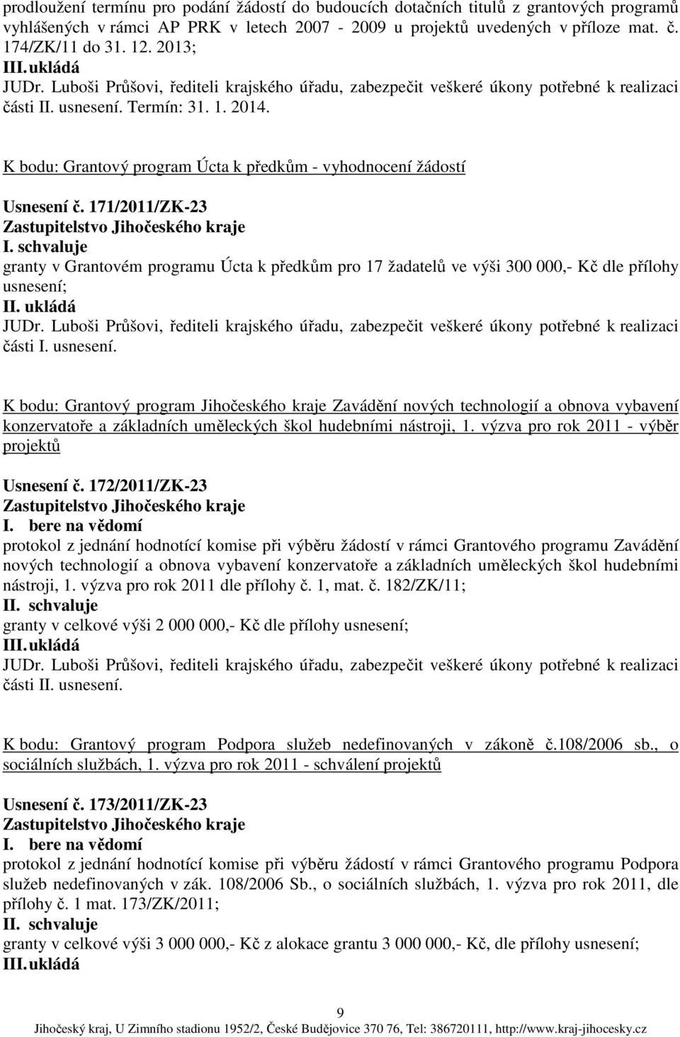 K bodu: Grantový program Úcta k předkům - vyhodnocení žádostí Usnesení č. 171/2011/ZK-23 granty v Grantovém programu Úcta k předkům pro 17 žadatelů ve výši 300 000,- Kč dle přílohy usnesení; JUDr.