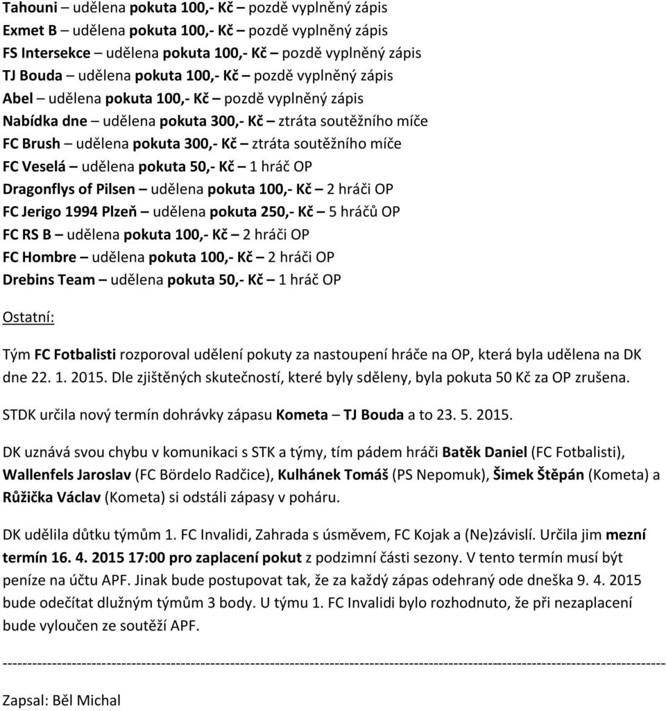 udělena pokuta 50,- Kč 1 hráč OP Dragonflys of Pilsen udělena pokuta 100,- Kč 2 hráči OP FC Jerigo 1994 Plzeň udělena pokuta 250,- Kč 5 hráčů OP FC RS B udělena pokuta 100,- Kč 2 hráči OP FC Hombre
