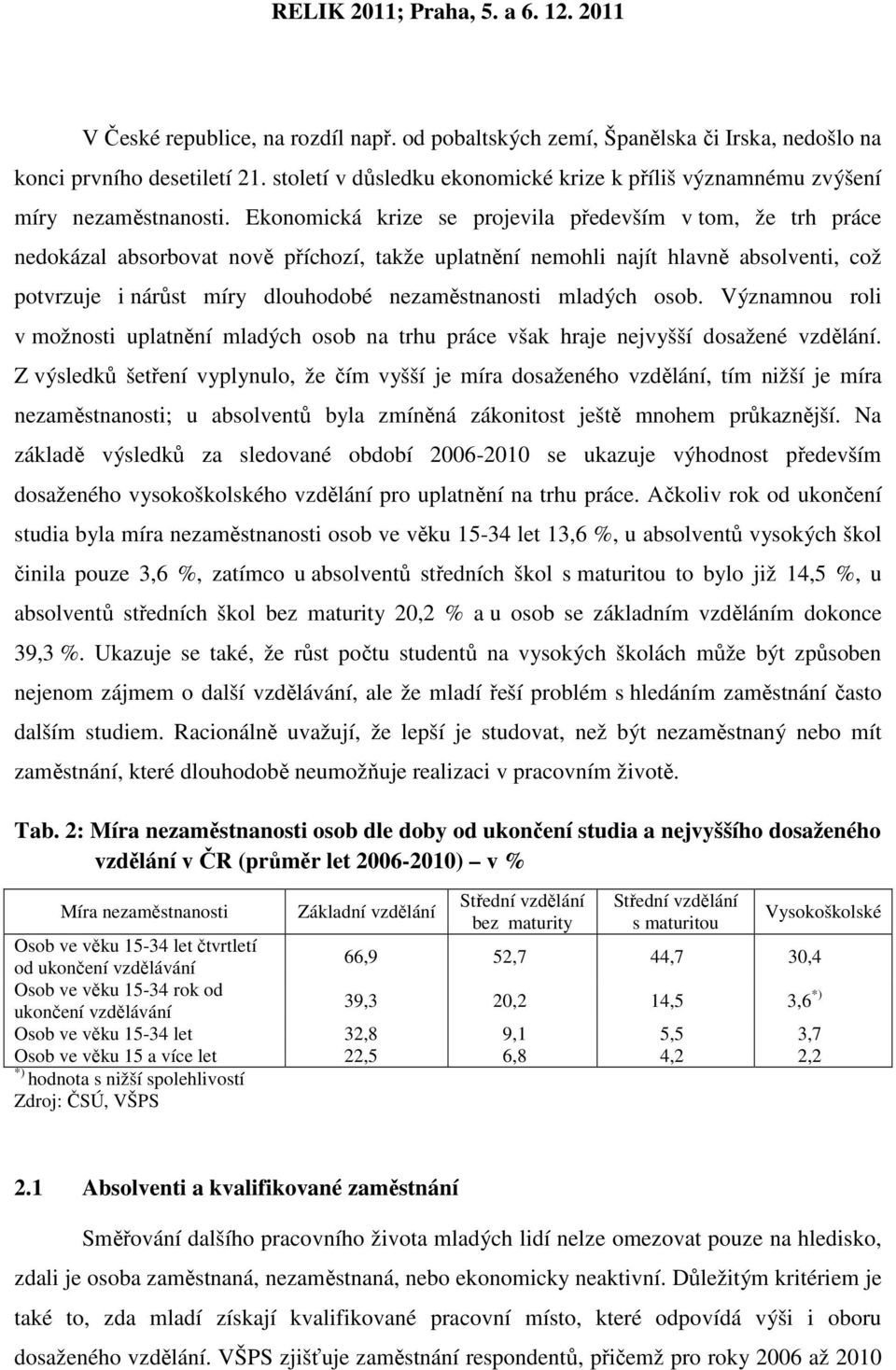 Ekonomická krize se projevila především v tom, že trh práce nedokázal absorbovat nově příchozí, takže uplatnění nemohli najít hlavně absolventi, což potvrzuje i nárůst míry dlouhodobé nezaměstnanosti