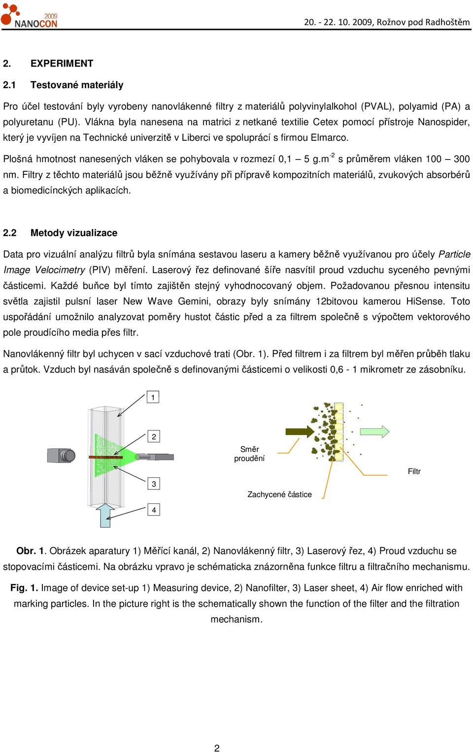 Plošná hmotnost nanesených vláken se pohybovala v rozmezí 0,1 5 g.m -2 s průměrem vláken 100 300 nm.