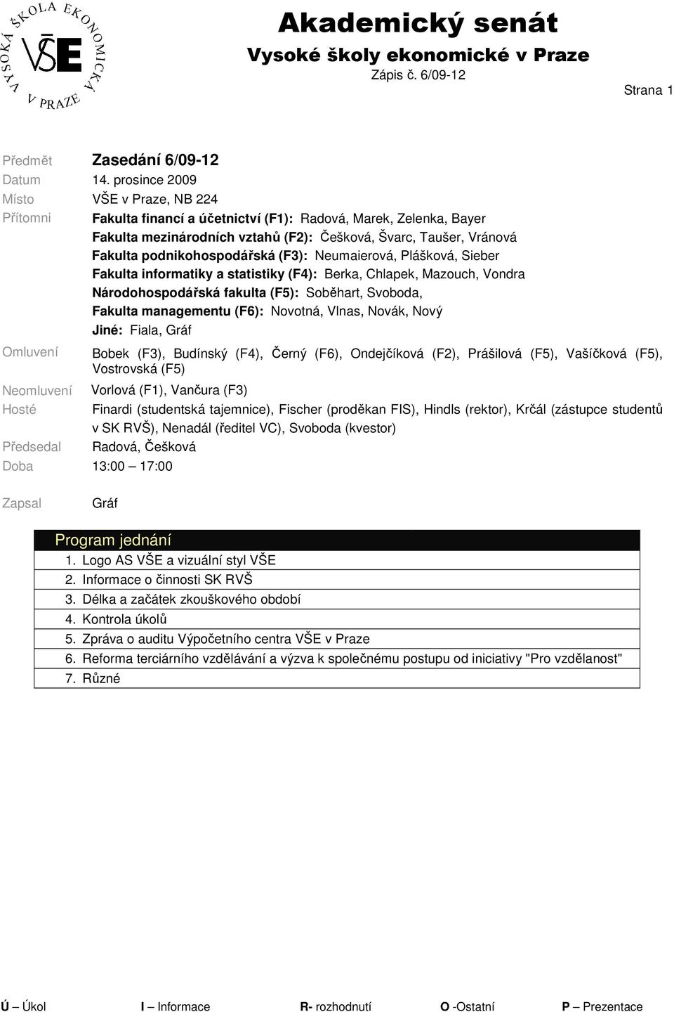 podnikohospodářská (F3): Neumaierová, Plášková, Sieber Fakulta informatiky a statistiky (F4): Berka, Chlapek, Mazouch, Vondra Národohospodářská fakulta (F5): Soběhart, Svoboda, Fakulta managementu