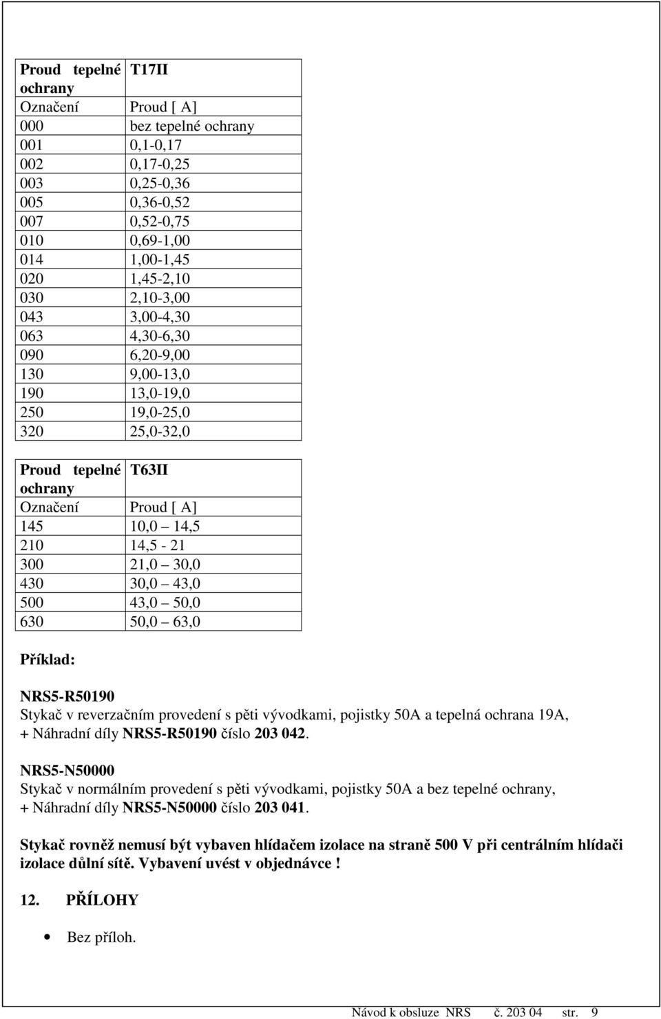 Příklad: NS5-5090 Stykač v reverzačním provedení s pěti vývodkami, pojistky 50A a tepelná ochrana 9A, + Náhradní díly NS5-5090 číslo 203 042.