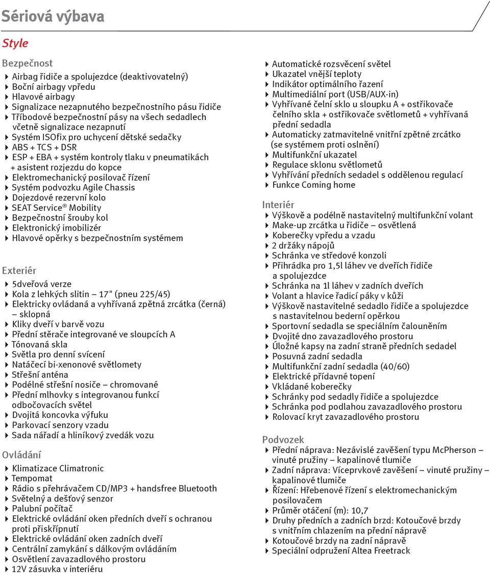posilovač řízení Systém podvozku Agile Chassis Dojezdové rezervní kolo SEAT Service Mobility Bezpečnostní šrouby kol Elektronický imobilizér Hlavové opěrky s bezpečnostním systémem Exteriér 5dveřová