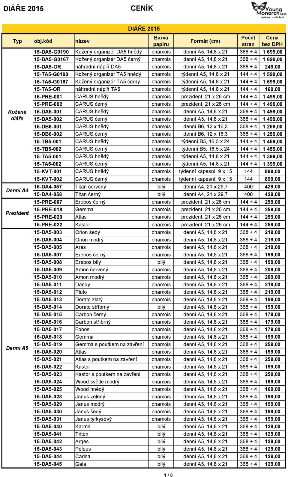 organizér DA5 černý chamois denní A5, 14,8 x 21 368 + 4 1 699,00 15-DA5-OR náhradní náplň DA5 chamois denní A5, 14,8 x 21 368 + 4 249,00 15-TA5-G0190 Kožený organizér TA5 hnědý chamois týdenní A5,