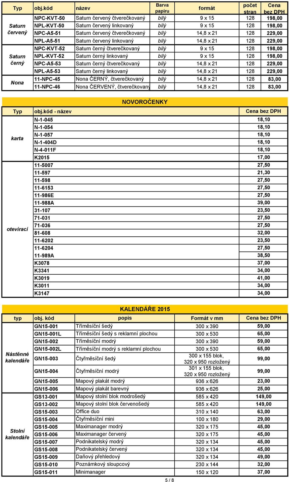 kód název Saturn červený Saturn černý Nona NPL-A5-51 Saturn červený linkovaný bílý 14,8 x 21 128 229,00 NPC-KVT-52 Saturn černý čtverečkovaný bílý 9 x 15 128 198,00 NPL-KVT-52 Saturn černý linkovaný