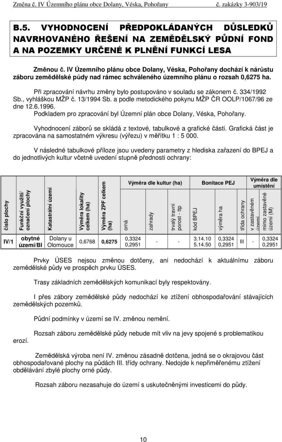 Při zpracování návrhu změny bylo postupováno v souladu se zákonem č. 334/1992 Sb., vyhláškou MŽP č. 13/1994 Sb. a podle metodického pokynu MŽP ČR OOLP/1067/96 ze dne 12.6.1996.
