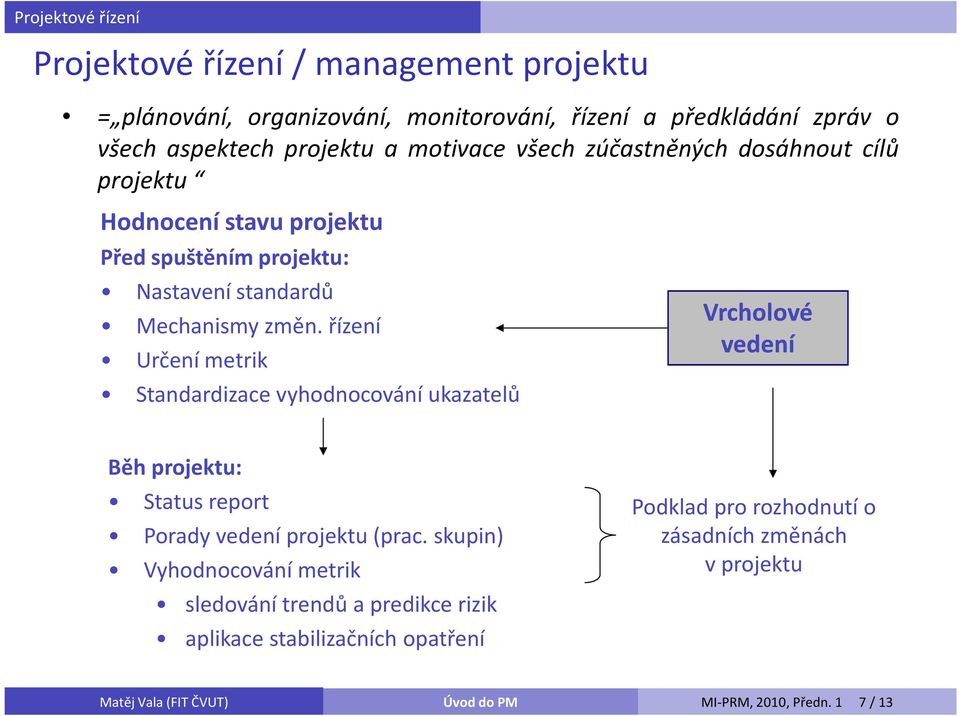 řízení Určení metrik Standardizace vyhodnocování ukazatelů Vrcholové vedení Běh projektu: Status report Porady vedení projektu (prac.