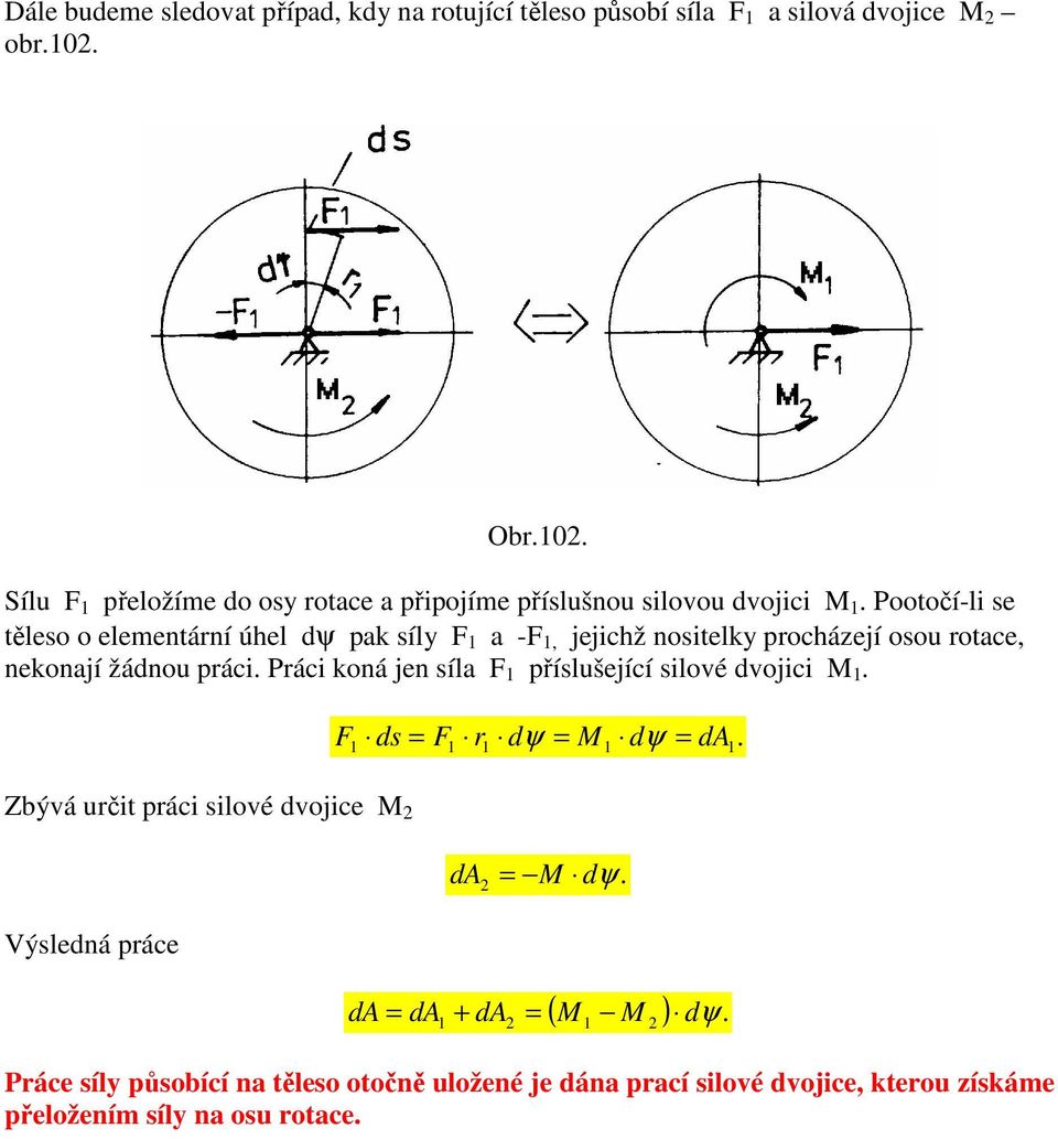 Pootočí-li se těleso o elementární úhel dψ pak síly F 1 a -F 1, jejichž nositelky procházejí osou rotace, nekonají žádnou práci.