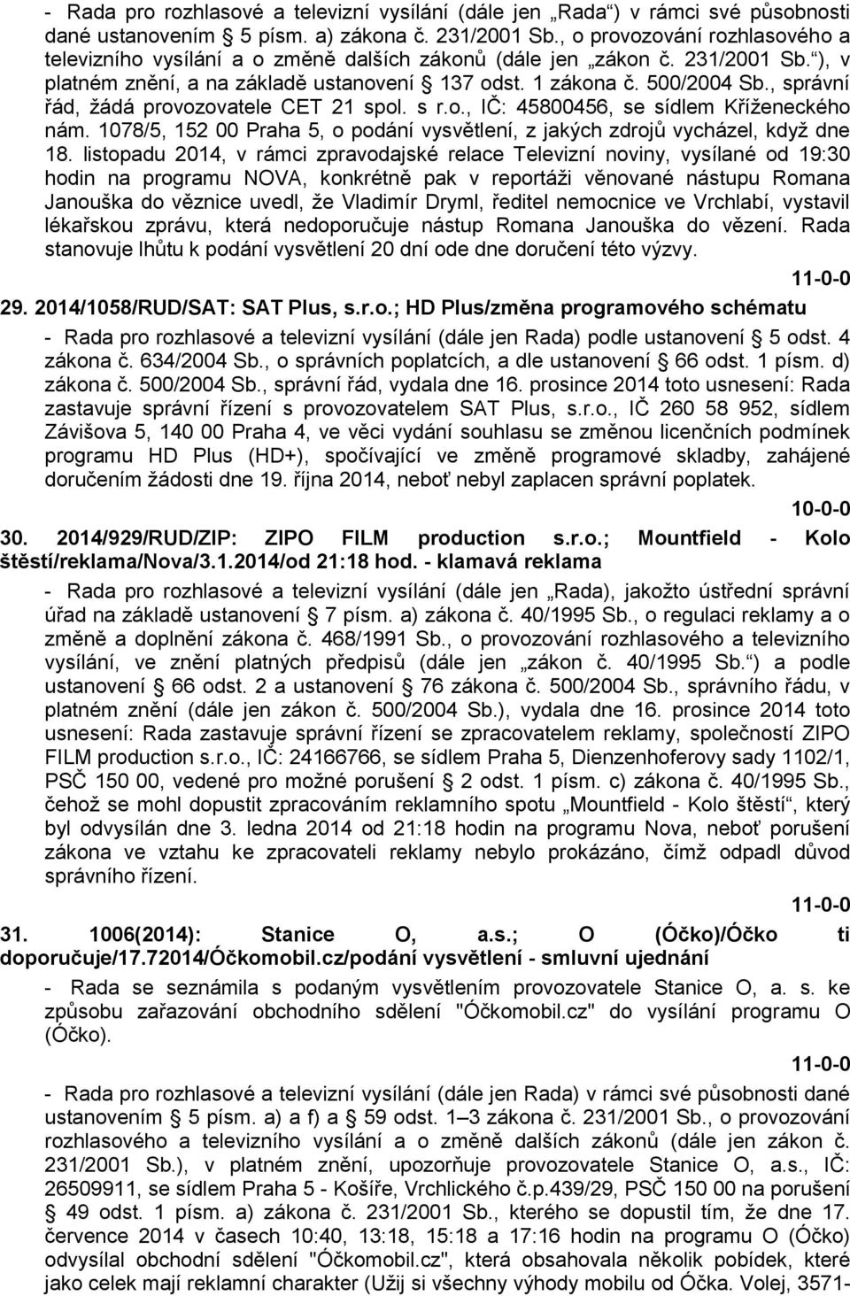 , správní řád, žádá provozovatele CET 21 spol. s r.o., IČ: 45800456, se sídlem Kříženeckého nám. 1078/5, 152 00 Praha 5, o podání vysvětlení, z jakých zdrojů vycházel, když dne 18.