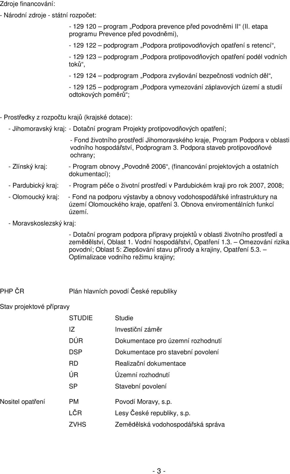 podprogram Podpora zvyšování bezpe nosti vodních d l, - 129 125 podprogram Podpora vymezování záplavových území a studií odtokových pom ; - Prost edky z rozpo tu kraj (krajské dotace): - Jihomoravský
