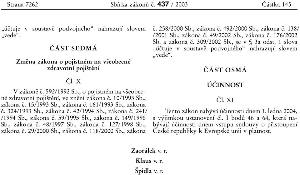 , zaâkona cï. 42/1994 Sb., zaâkona cï. 241/ /1994 Sb., zaâkona cï. 59/1995 Sb., zaâkona cï. 149/1996 Sb., zaâkona cï. 48/1997 Sb., zaâkona cï. 127/1998 Sb., zaâkona cï. 29/2000 Sb., zaâkona cï. 118/2000 Sb.