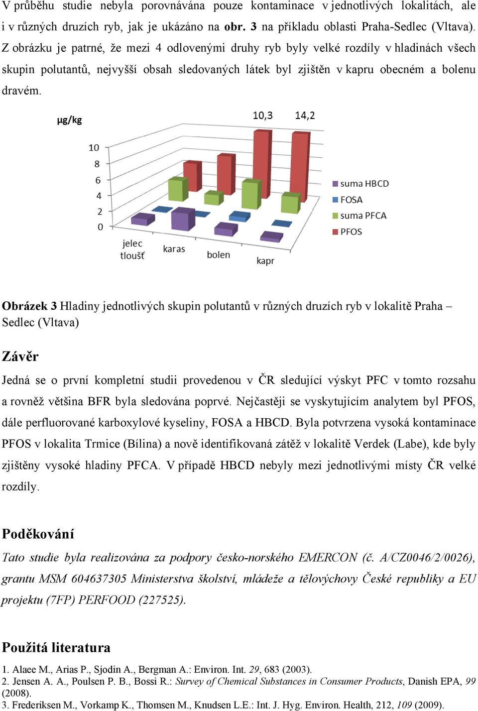 Obrázek 3 Hladiny jednotlivých skupin polutantů v různých druzích ryb v lokalitě Praha Sedlec (Vltava) Závěr Jedná se o první kompletní studii provedenou v ČR sledující výskyt PFC v tomto rozsahu a