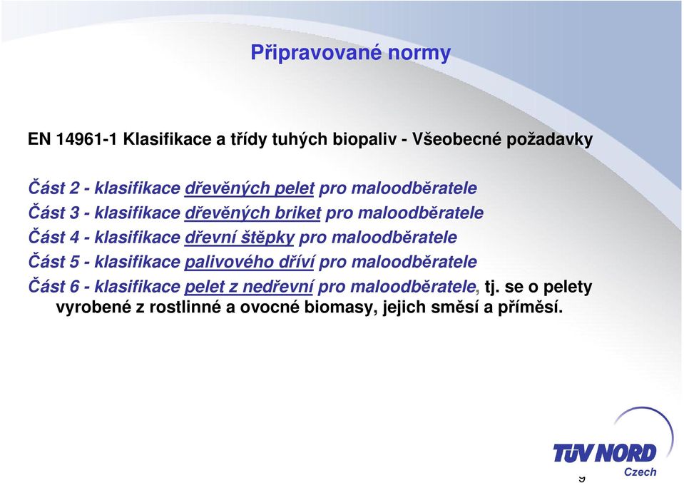 dřevní štěpky pro maloodběratele Část 5 - klasifikace palivového dříví pro maloodběratele Část 6 - klasifikace