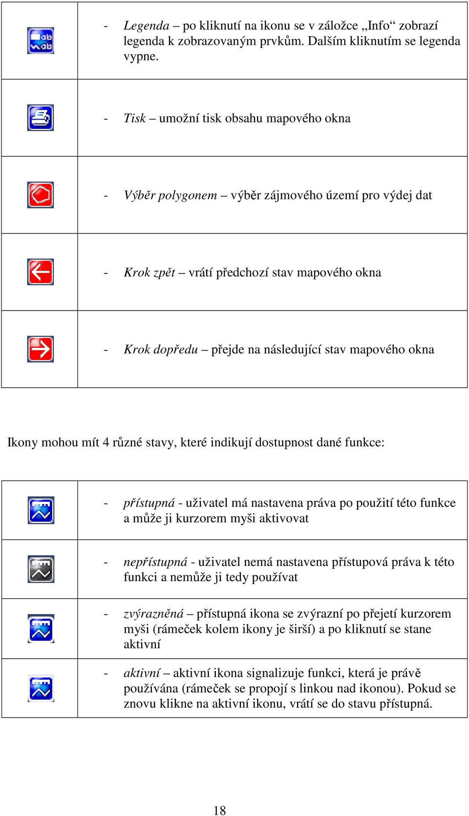 Ikony mohou mít 4 různé stavy, které indikují dostupnost dané funkce: - přístupná - uživatel má nastavena práva po použití této funkce a může ji kurzorem myši aktivovat - nepřístupná - uživatel nemá