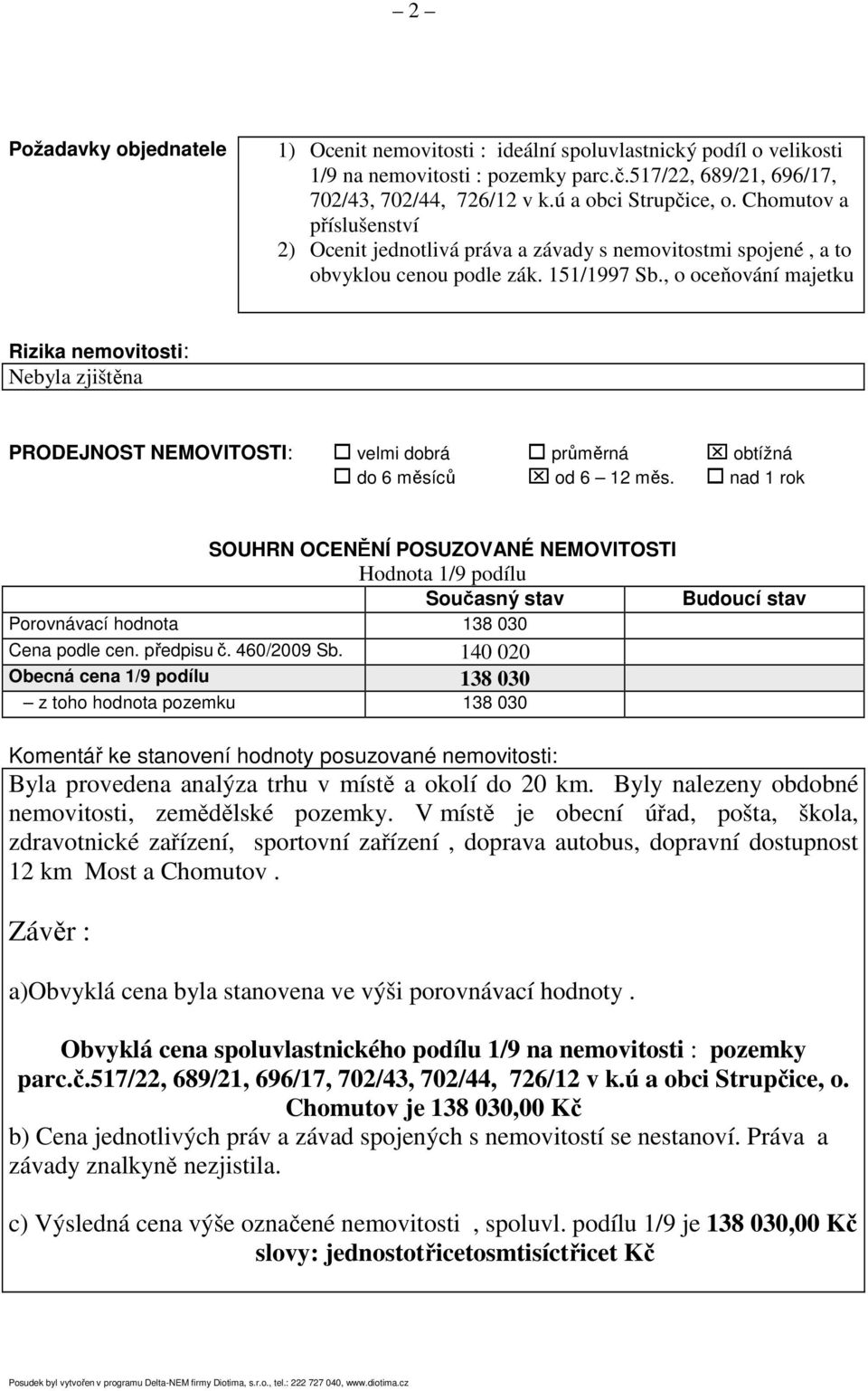 , o oceňování majetku Rizika nemovitosti: Nebyla zjištěna PRODEJNOST NEMOVITOSTI: velmi dobrá průměrná obtížná do 6 měsíců od 6 12 měs.