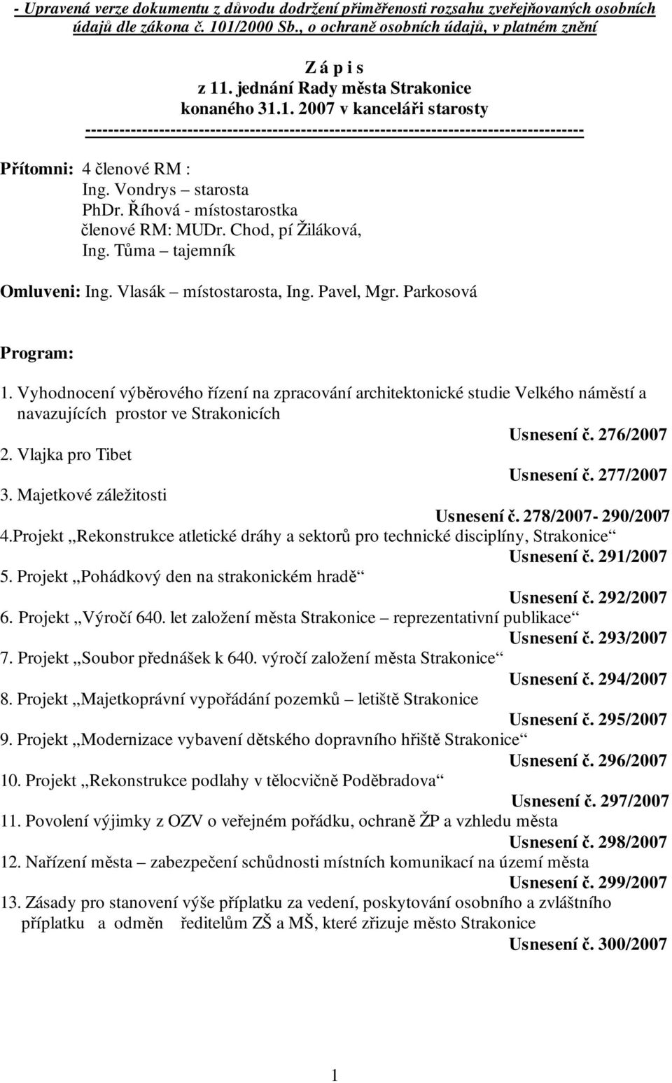 Vondrys starosta PhDr. Říhová - místostarostka členové RM: MUDr. Chod, pí Žiláková, Ing. Tůma tajemník Omluveni: Ing. Vlasák místostarosta, Ing. Pavel, Mgr. Parkosová Program: 1.