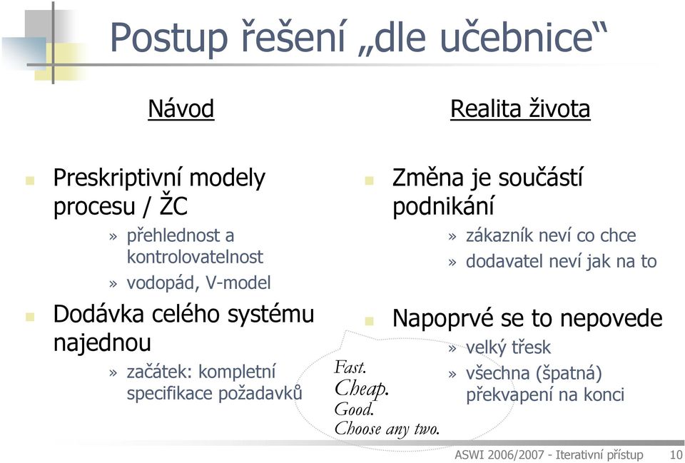 požadavků Změna je součástí podnikání Fast. Cheap. Good. Choose any two.