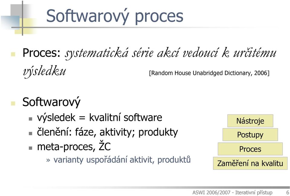 členění: fáze, aktivity; produkty meta-proces, ŽC» varianty uspořádání aktivit,