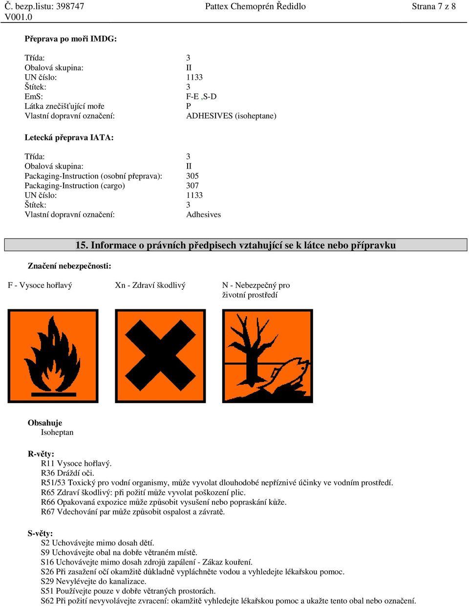 Informace o právních předpisech vztahující se k látce nebo přípravku F - Vysoce hořlavý Xn - Zdraví škodlivý N - Nebezpečný pro životní prostředí Obsahuje Isoheptan R-věty: R11 Vysoce hořlavý.