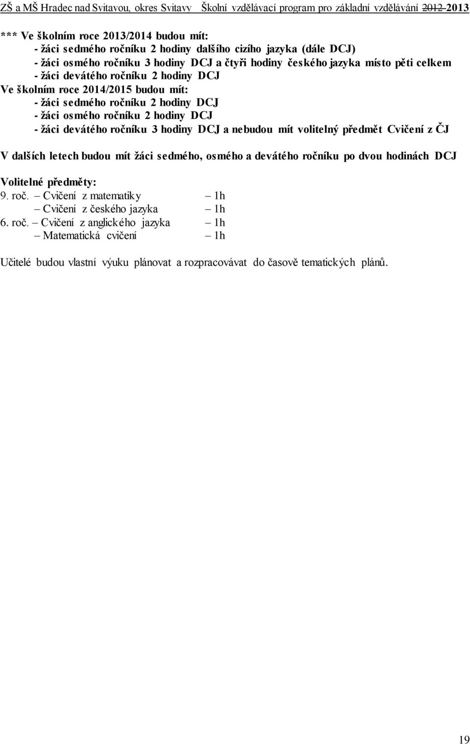 hodiny DCJ a nebudou mít volitelný předmět Cvičení z ČJ V dalších letech budou mít žáci sedmého, osmého a devátého ročníku po dvou hodinách DCJ Volitelné předměty: 9. roč. Cvičení z matematiky 1h Cvičení z českého jazyka 1h 6.