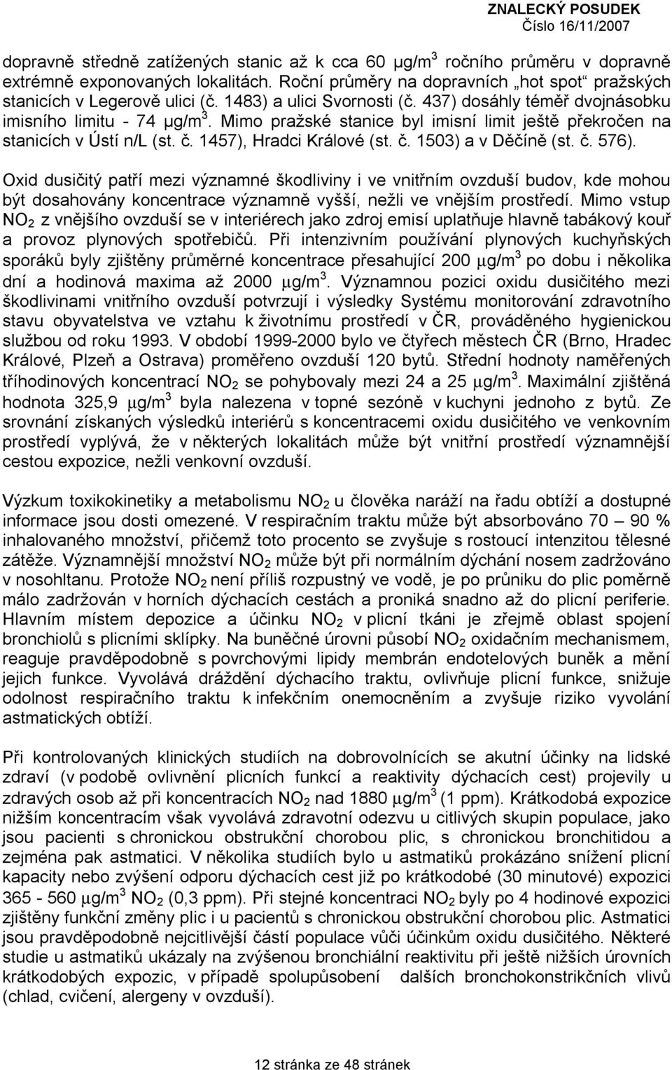 č. 1503) a v Děčíně (st. č. 576). Oxid dusičitý patří mezi významné škodliviny i ve vnitřním ovzduší budov, kde mohou být dosahovány koncentrace významně vyšší, nežli ve vnějším prostředí.