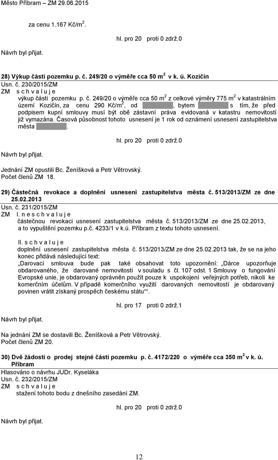 249/20 o výměře cca 50 m 2 v k. ú. Kozičín Usn. č.