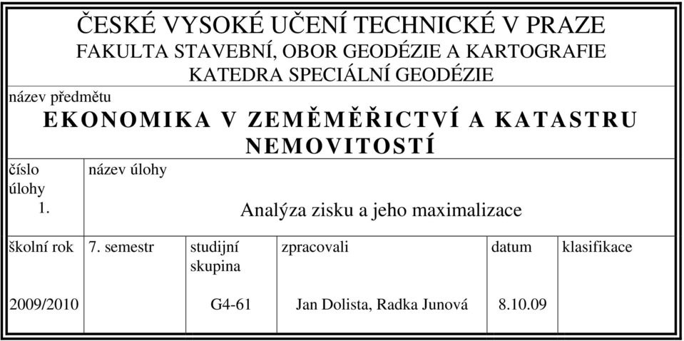 úlohy 1. název úlohy NEMOVITOSTÍ Analýza zisku a jeho maximalizace školní ok 7.