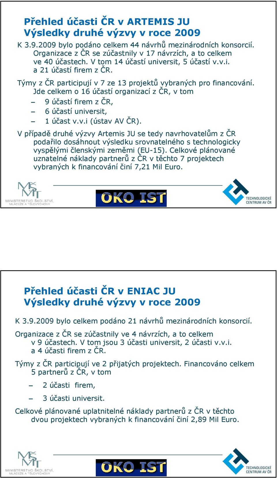 Týmy z ČR participují v 7 ze 13 projektů vybraných pro financování. Jde celkem o 16 účastí organizací z ČR, v tom 9 účastí firem z ČR, 6 účastí universit, 1 účast v.v.i (ústav AV ČR).