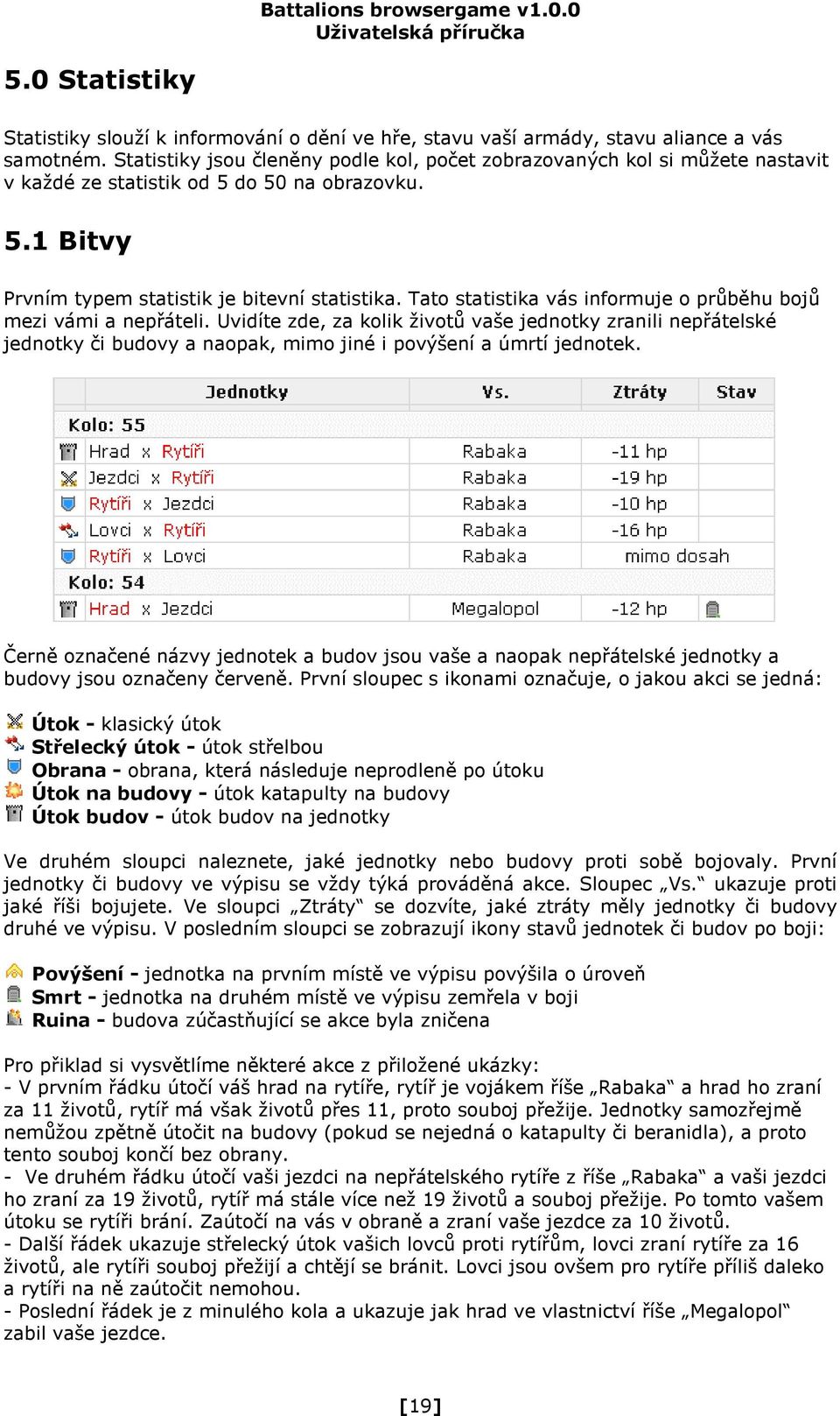 Tato statistika vás informuje o průběhu bojů mezi vámi a nepřáteli. Uvidíte zde, za kolik životů vaše jednotky zranili nepřátelské jednotky či budovy a naopak, mimo jiné i povýšení a úmrtí jednotek.