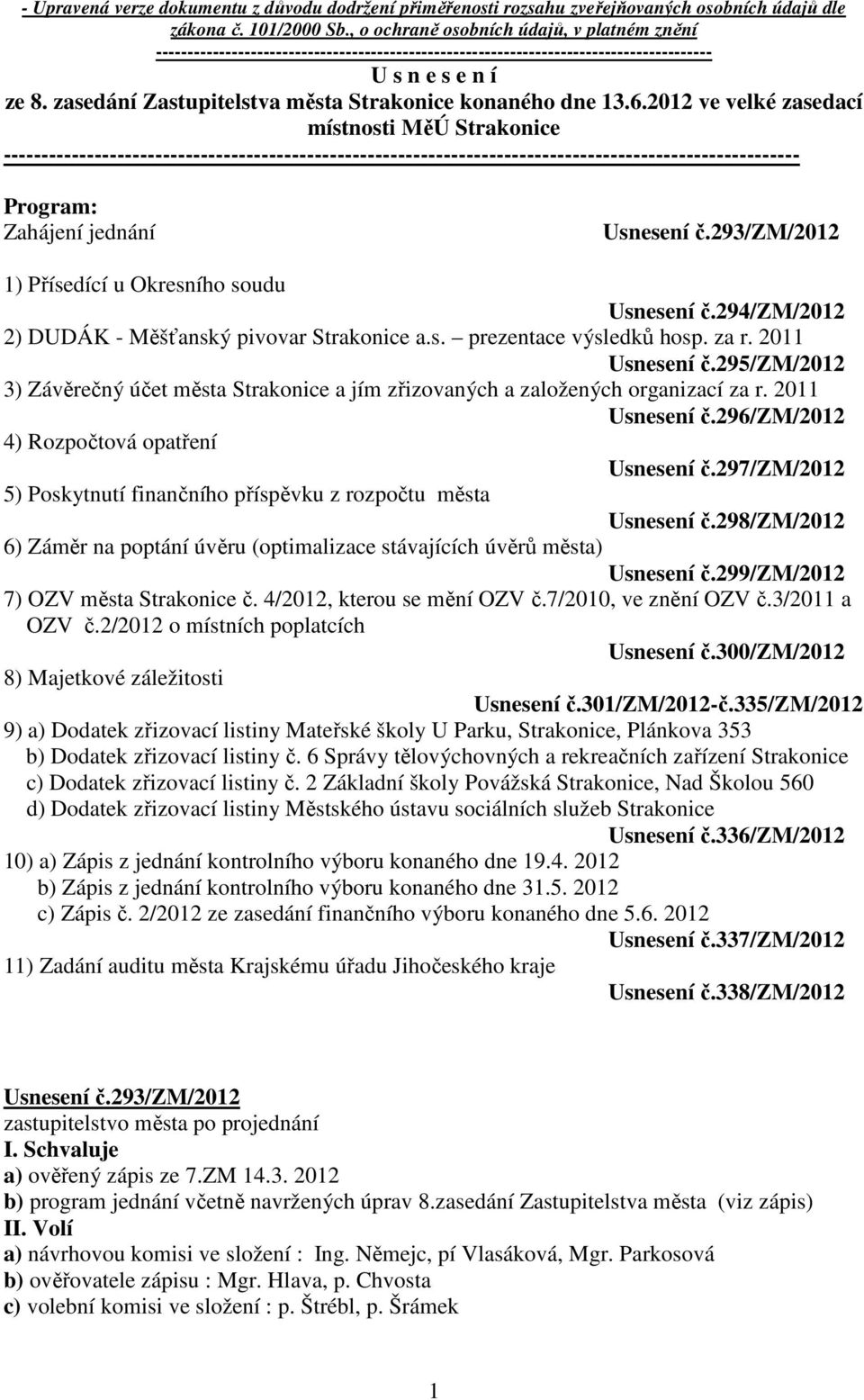 zasedání Zastupitelstva města Strakonice konaného dne 13.6.