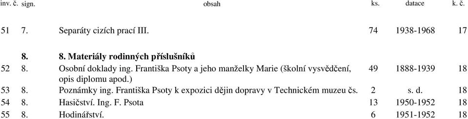 Františka Psoty a jeho manželky Marie (školní vysvědčení, 49 1888-1939 18 opis diplomu apod.) 53 8.