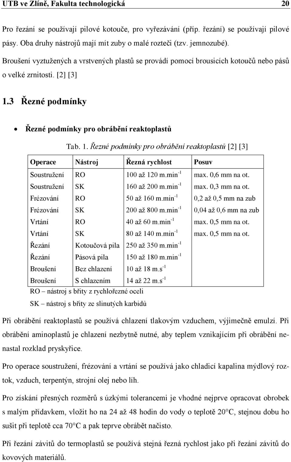 3 Řezné podmínky Řezné podmínky pro obrábění reaktoplastů Tab. 1. Řezné podmínky pro obrábění reaktoplastů [2] [3] Operace Nástroj Řezná rychlost Posuv Soustruţení RO 100 aţ 120 m.min -1 max.
