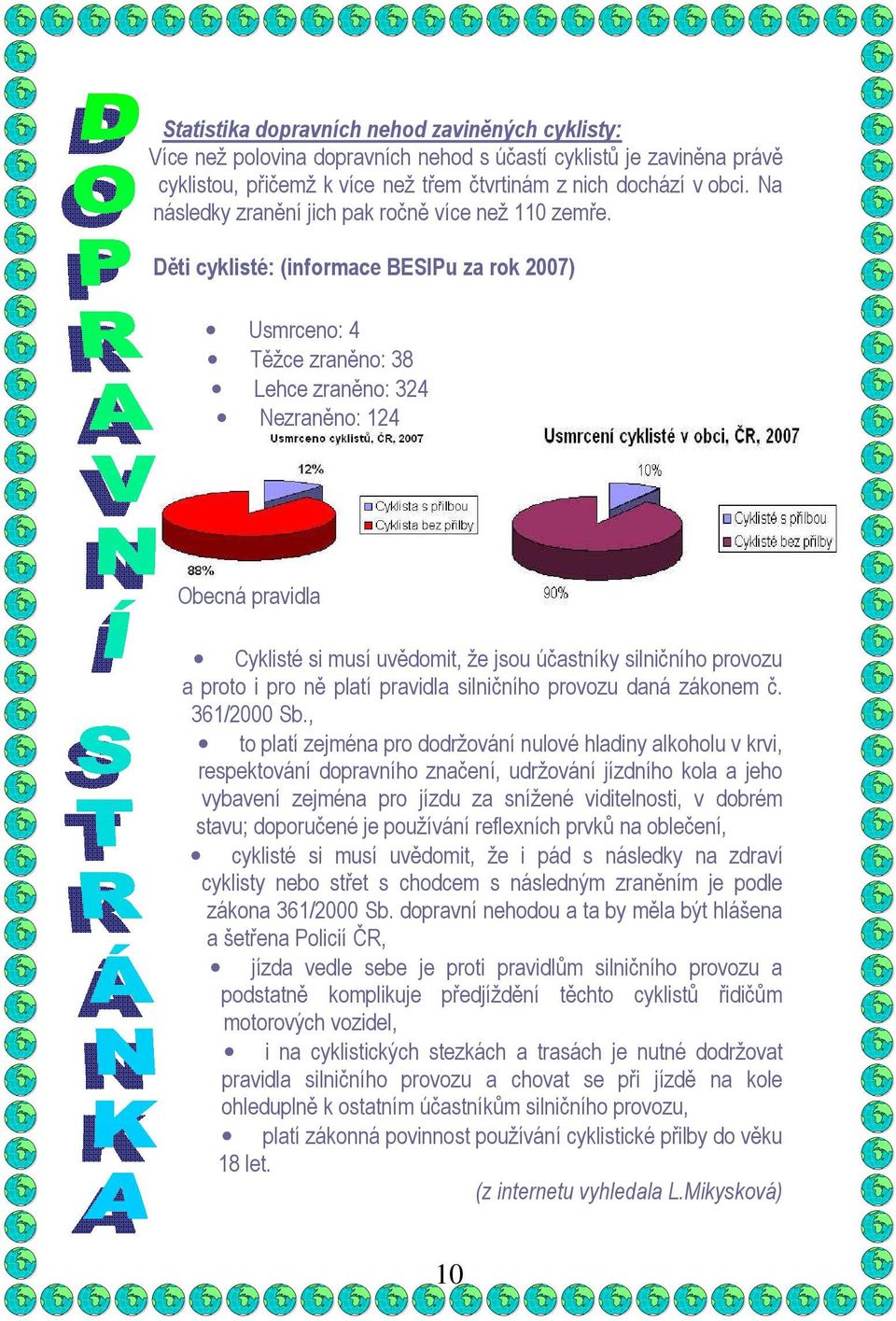 Děti cyklisté: (informace BESIPu za rok 2007) Usmrceno: 4 Těžce zraněno: 38 Lehce zraněno: 324 Nezraněno: 124 Obecná pravidla Cyklisté si musí uvědomit, že jsou účastníky silničního provozu a proto i