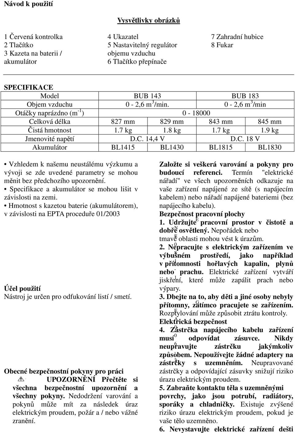 8 kg 1.7 kg 1.9 kg Jmenovité napětí D.C. 14,4 V D.C. 18 V Akumulátor BL1415 BL1430 BL1815 BL1830 Vzhledem k našemu neustálému výzkumu a vývoji se zde uvedené parametry se mohou měnit bez předchozího upozornění.