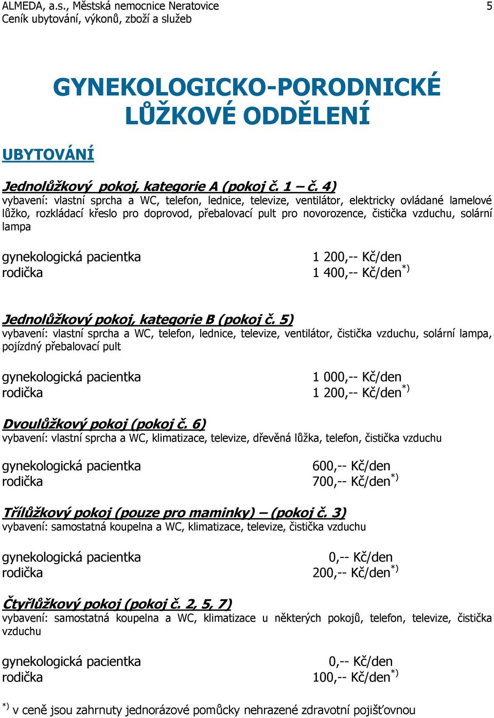 solární lampa gynekologická pacientka 1 200,-- Kč/den rodička 1 400,-- Kč/den *) Jednolůžkový pokoj, kategorie B (pokoj č.