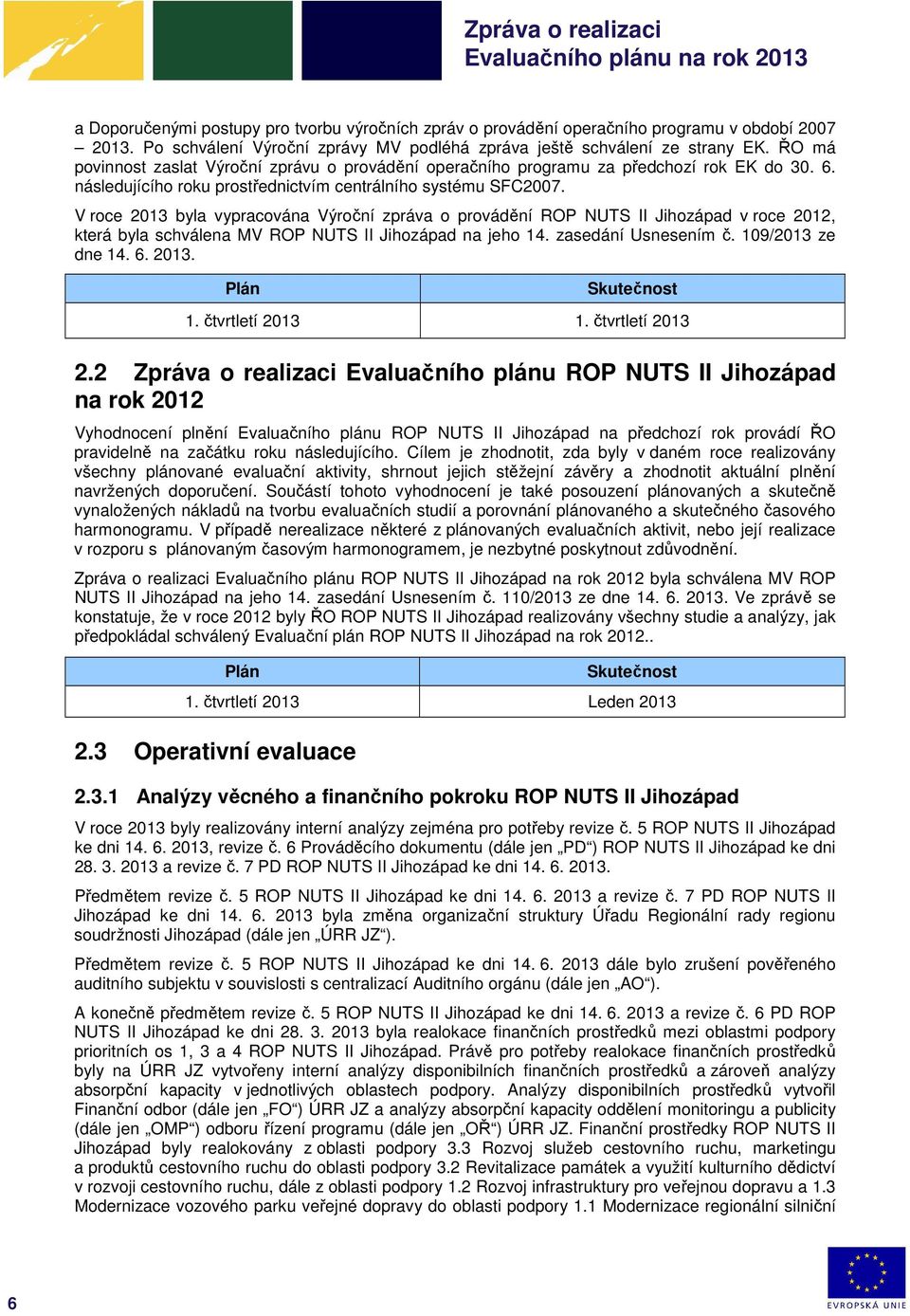 V roce 2013 byla vypracována Výroční zpráva o provádění ROP NUTS II Jihozápad v roce 2012, která byla schválena MV ROP NUTS II Jihozápad na jeho 14. zasedání Usnesením č. 109/2013 ze dne 14. 6. 2013. 1. čtvrtletí 2013 1.