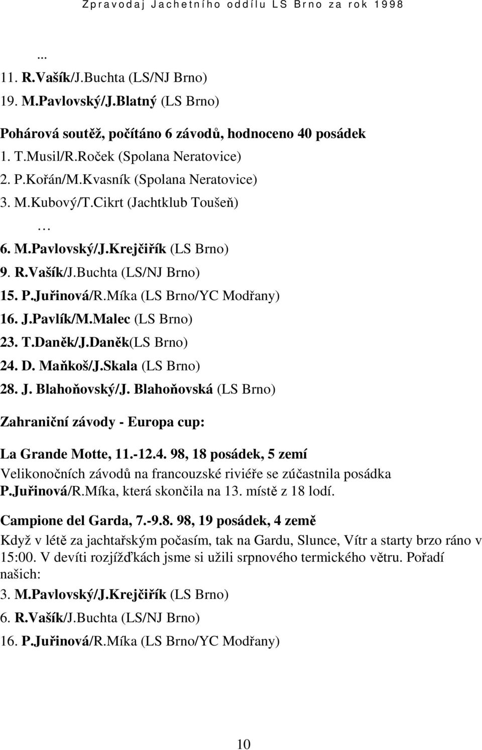 Malec (LS Brno) 23. T.Daněk/J.Daněk(LS Brno) 24. D. Maňkoš/J.Skala (LS Brno) 28. J. Blahoňovský/J. Blahoňovská (LS Brno) Zahraniční závody - Europa cup: La Grande Motte, 11.-12.4. 98, 18 posádek, 5 zemí Velikonočních závodů na francouzské riviéře se zúčastnila posádka P.