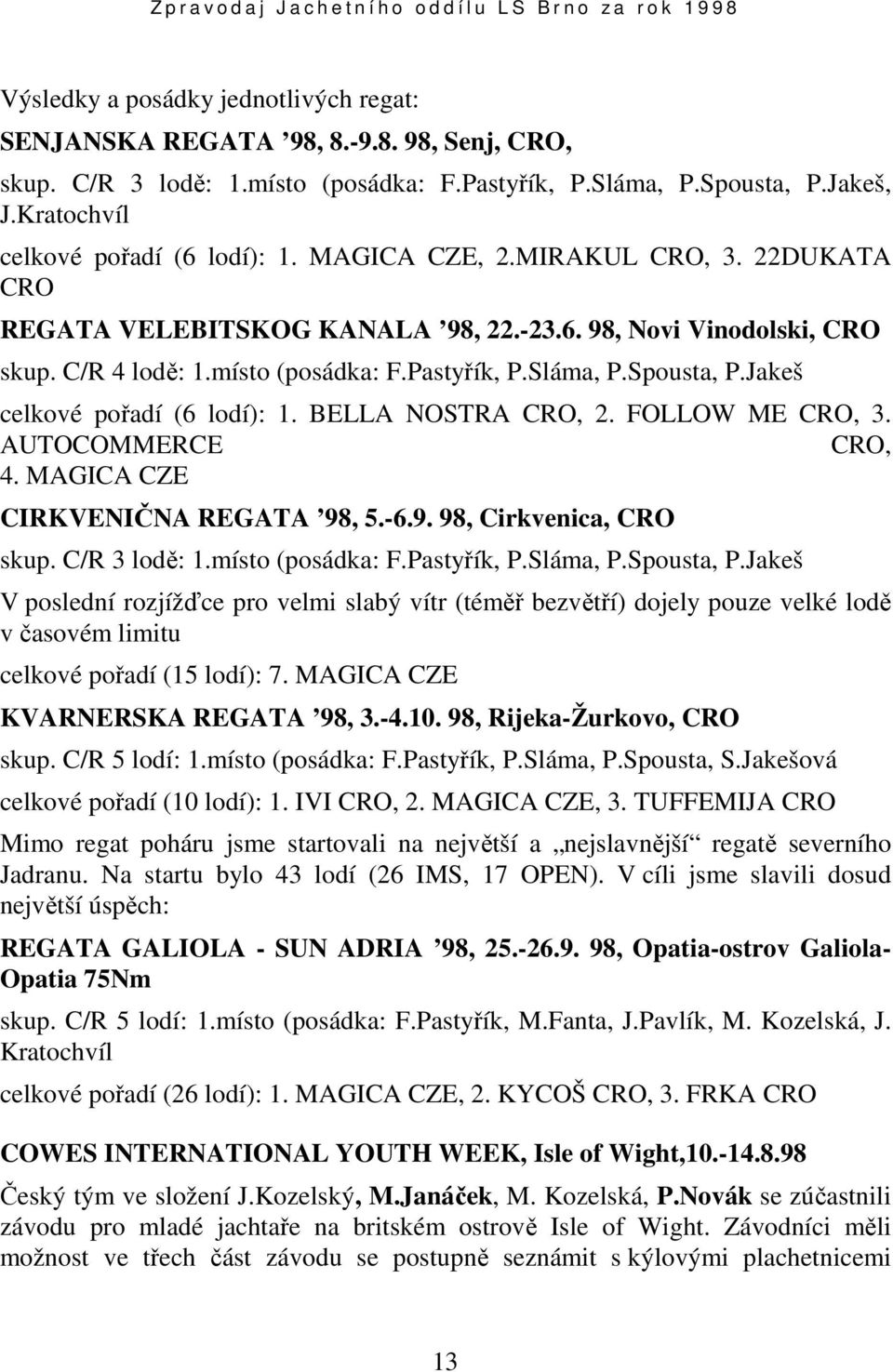 Jakeš celkové pořadí (6 lodí): 1. BELLA NOSTRA CRO, 2. FOLLOW ME CRO, 3. AUTOCOMMERCE CRO, 4. MAGICA CZE CIRKVENIČNA REGATA 98, 5.-6.9. 98, Cirkvenica, CRO skup. C/R 3 lodě: 1.místo (posádka: F.
