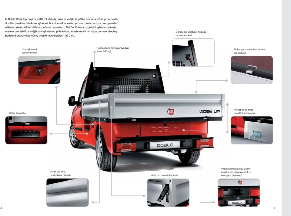 Fiat Doblò Work Up je také vybaven opěrným místem pro žebřík a vnější uzamykatelnou přihrádkou, abyste mohli mít vždy po ruce všechny potřebné pracovní pomůcky včetně těch dlouhých (až 2 m).