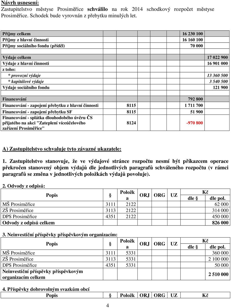 * kapitálové výdaje 3 540 500 Výdaje sociálního fondu 121 900 Financování 792 800 Financování - zapojení přebytku z hlavní činnosti 8115 1 711 700 Financování - zapojení přebytku SF 8115 51 900