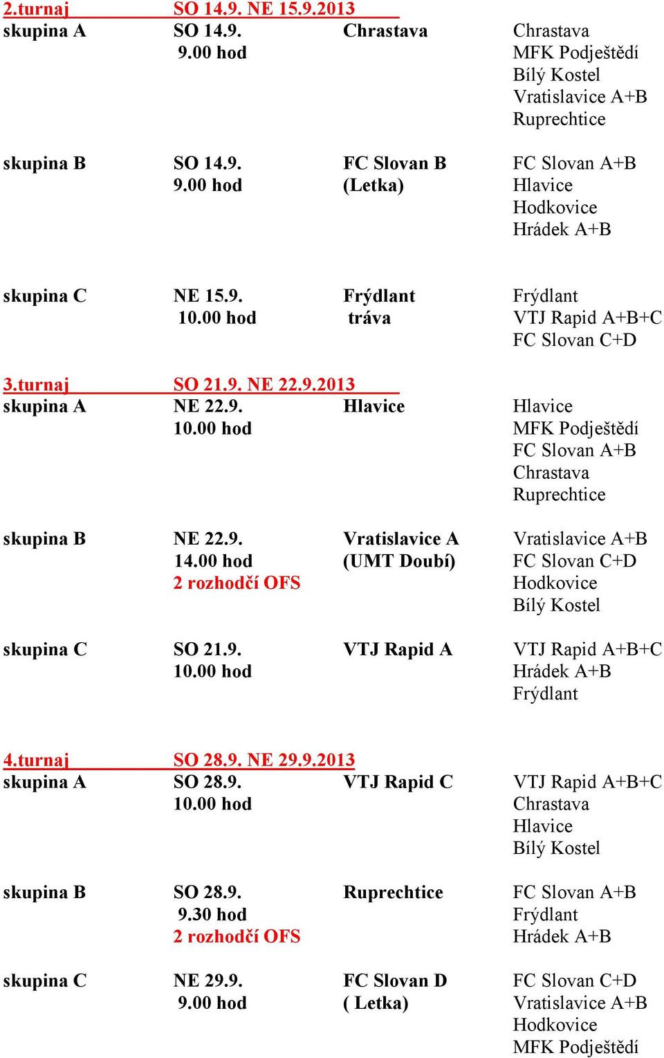 00 hod (UMT Doubí) FC Slovan C+D 2 rozhodčí OFS skupina C SO 21.9. VTJ Rapid A VTJ Rapid A+B+C 10.00 hod Hrádek A+B 4.turnaj SO 28.9. NE 29.9.2013 skupina A SO 28.9. VTJ Rapid C VTJ Rapid A+B+C 10.